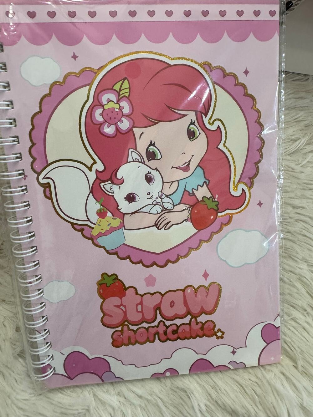 Strawberry Shortcake A5 spiral notebook with pink background with a cat